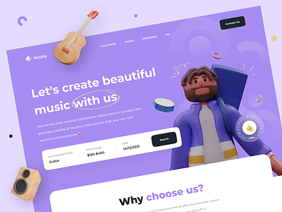 Musicly - Musical Instrument Rental Web 3d 3ddesign 3dmodeling clean hero hero section homepage landing page minimal music musical instrument rent typography ui uiux ux web