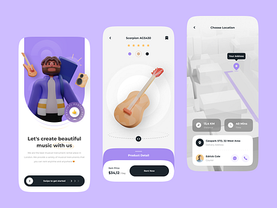 Musicly - Musical Instrument Rental App 3d 3d design 3d map 3d modeling app app design clean minimal mobile app music musical instrument rental rental app ui uiux