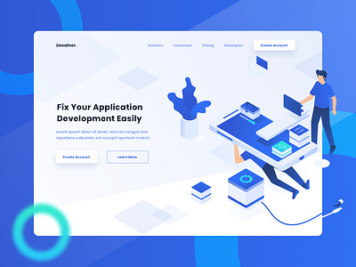 Mobile App Development Header Website blue character character illustration clean colorful design gradient header header illustration homepage icon set illustration isometric landing page trend 2018 trending ui vector web website