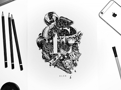 Custom, hand drawn letter "E" design graphic design illustration typography
