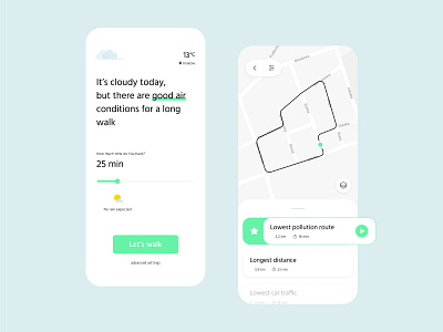 Walker - air pollution free walking routes air app application clean design healthcare minimal mobile mobile app mobile design running app ui walk walking