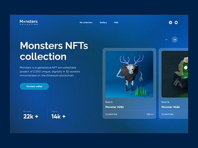 Monsters NFTs collection 2022 3d blue gradient landing page main screen monster nft nft collection trend ui