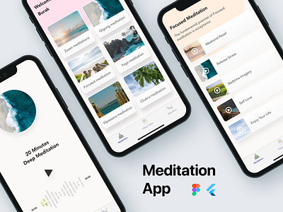 Meditation App Design & Code app design card design clean ui figma flutter meditation meditation app mobile design music player ui player ui uxdesign yoga youtube