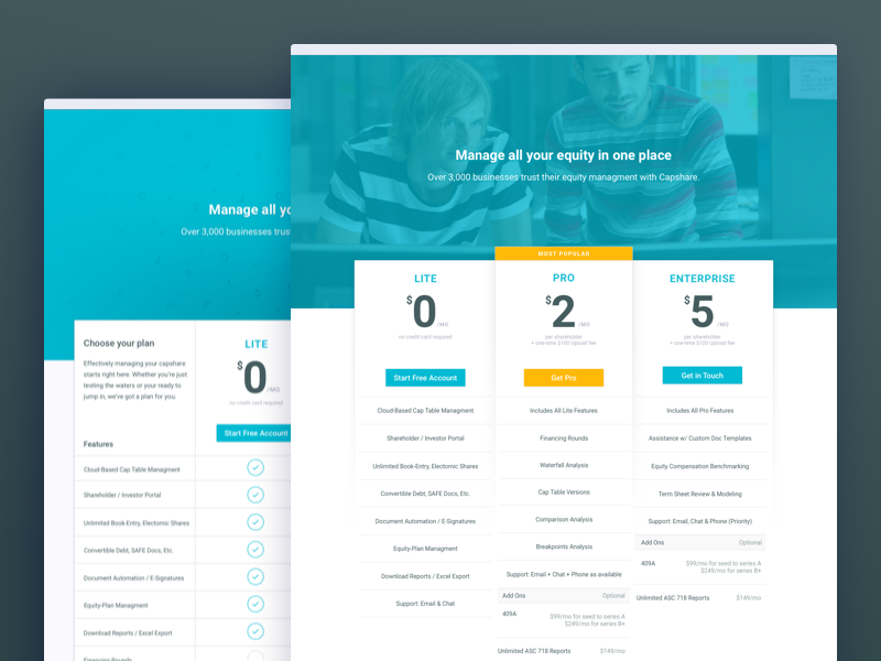 Pricing Tables Experiments get started signup above the fold banner charts tables pricing