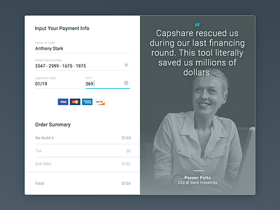 Payment Form blue cards form field ironman material design payment quote testimonial ui ux