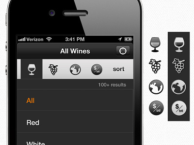 Wine Filtering Dropdown drinking filter grapes icons ios iphone search sort user interface visual design wine