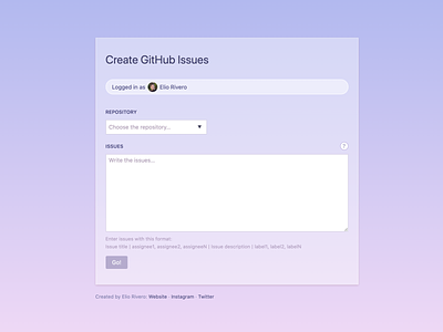 Create GitHub issues fast app centered colorful design frontend github minimal ui web webapp