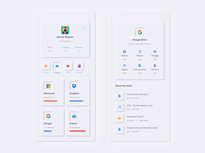 File Manager- Neumorphism 2020 trend adobe clean cloud file manager ios iphone material memory neumorphic neumorphism new profile skeumorphism storage trendy uiux white xd