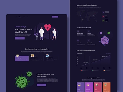 COVID 19 Awareness Landing Page - Dark blue concept corona coronarender coronavirus covid19 daek dark dark ui design illustration landingpage purple ui ux vector