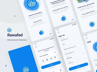 Rawafed Educational App app arabic blue book courses education educational solutions english loading login logo on boarding online screens signup teaching tuitor