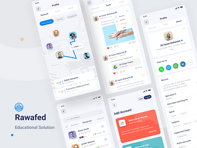 Rawafed Educational App about app blogs connection education follow friendlist location map posts profile project post resume skill set skills student subscription teacher ui map user