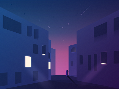 Street At Midnight building color design fallingstar flat illustration minimalism night street