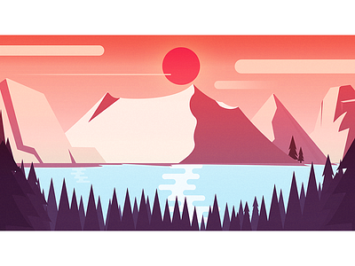 The Lake In The Mountains color design illustration lake line mountains sun woods