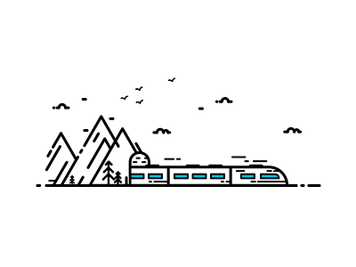 Train bird cloud color flat icon illustration line mountain train tree