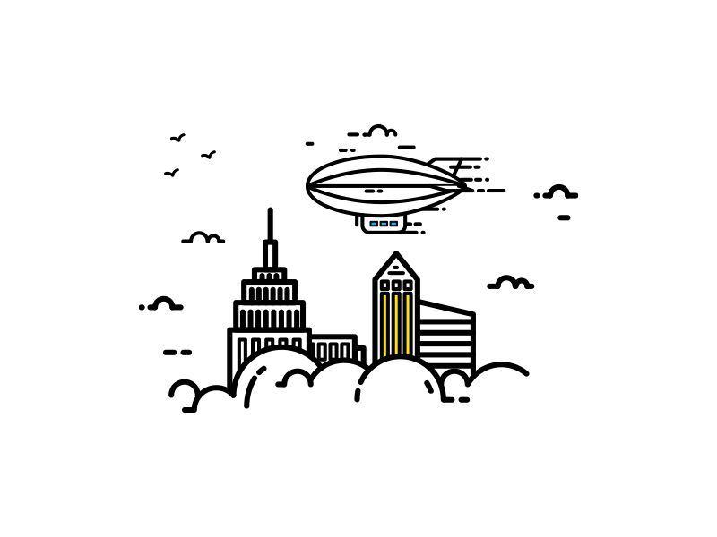 Good Day II cloud bird building goodday travel spaceship city design flat line illustration
