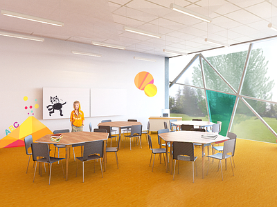 Primary school interior and architecture concept aiste design fun graphic interior kids render school vivid windows yellow