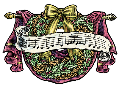 A Musical Christmas Wreath classic emblem illustration logo music pen and ink vintage