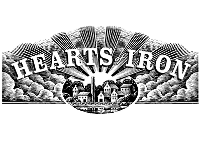 Hearts of iron illustration emblem design engraving heading illustration pen and ink symbol type vintage woodcut