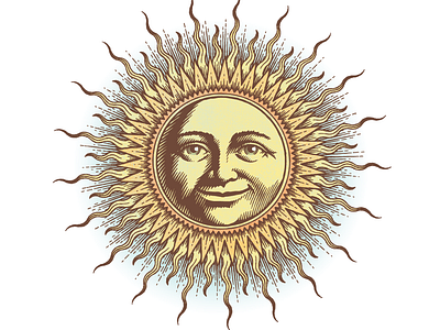 Sunface classic emblem engraving illustration pen and ink vector art vintage woodcut