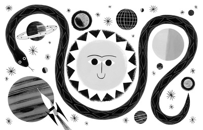 The Curious Snake animals design gouache illustration kidlit plants rocket snake solar system space spot illustration sun