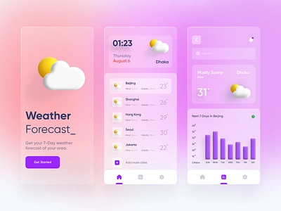 Weather App - Mobile UI 3d app card clean colors creative design dribbble minimal mobile ui quarantine shot temperature transparency trend trendy typography ui weather widgets