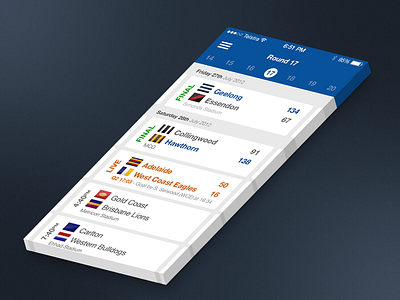 Footy Now iOS app afl app cards flat ios ios 7 ios7 iphone mobile ui