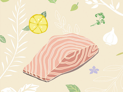 Salmon basil design drawings food fruits garlic herbs illustration lemon lemons oregano rosemary salmon thyme vector vector art vegetables