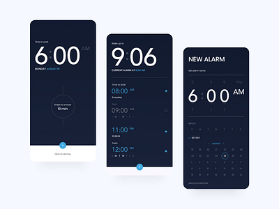 Alarm Clock — App Design alarm alarm app alarm clock alarms app app design apple art blue clean clean design dark theme dark ui design flat minimal time typography ui ux