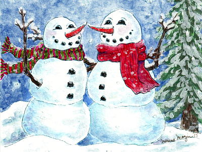 Merry Winter Wishes! christmas greeting card greetings hand drawn holiday illustration painting snow snowman snowmen snowpeople watercolor winter