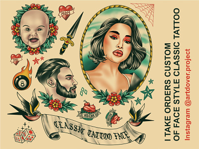 TRADITIONAL TATTOO FLASH CUSTOM FACE custom tattoo face tattoo fashion tattoo flash flash tattoo illustration tattoo tattoo art tattoo design traditional traditional tattoo