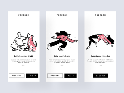 Onboarding screen animation flat design freedom hero illustration minimalism mobile motion design onboarding splash screen therapy ui white and black