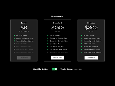 Pricing Plan 3d animation card choose clean dark mode design finance landing page mockup monochrome pricing prototype settings simple switch ui uiux user interface white and black