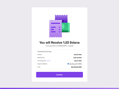 On-Ramp confirmation component 3d address branding buy crypto defi design gradient illustration mockup nft on ramp sell trade ui uiux vector wallet