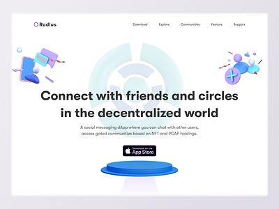 Radius Hero Section 3d branding crypto dapp decentralized design hero illustration landing page logo mockup nft pages social messaging ui uiux vector web design web3 website