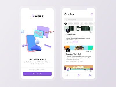 Radius dApp 3d animation branding crypto dao dapp decentralized defi design illustration logo messaging mockup nft social ui uiux vector wallet web3