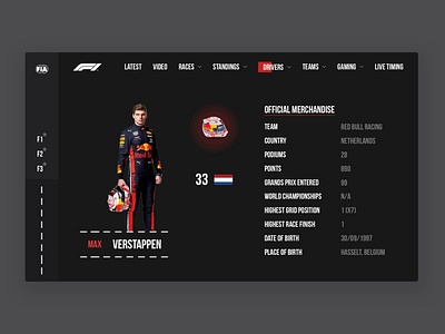 Red Bull Racing Formula One - Max Verstappen cleandesign dark design design art formulaone maxverstappen racing redbull redbullracing ui ux uxui web web design webdesign