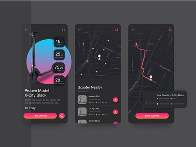 Electric Scooter Booking App Concept 2020 app book booking booking app booking system dark dark app dark ui electric electric scooter gradient map navigator scooter