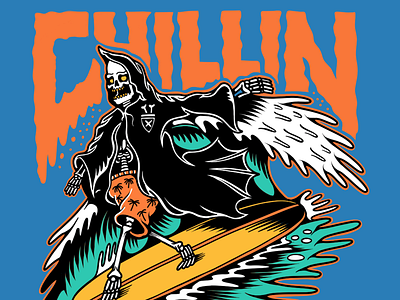 Grim Reaper Chillin! band merch beach california cartoon design flat illustration logo punk rock skate skateboard graphics skateboarding art skull summer sun surf typography