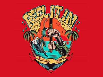 Reel It In logo beach california cartoon design fish fish logo fishing flat illustration joe tamponi logo palm trees punk rock skateboard graphics skateboarding art summer sun surf