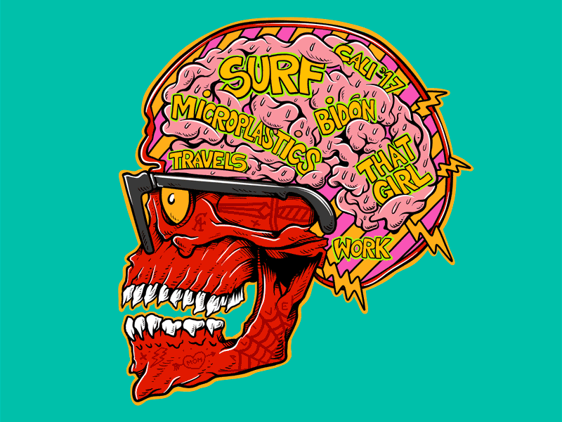 Thoughts animation beach brains california california style cartoon color design illustration joetamponi psychedelic skeleton skull skull logo summer surf typography