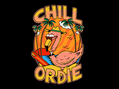 Chill or die! beach california cartoon design drawing flamingo illustration joe tamponi logo ocean palm trees punk rock skateboard graphics skateboarding art summer sun sunset surf surfboard surfing