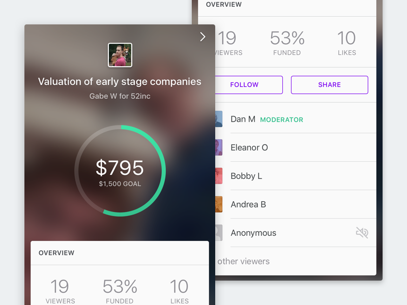 Broadcast overview chart graph funding live video livestream iphone ios crowdfunding broadcast app ui