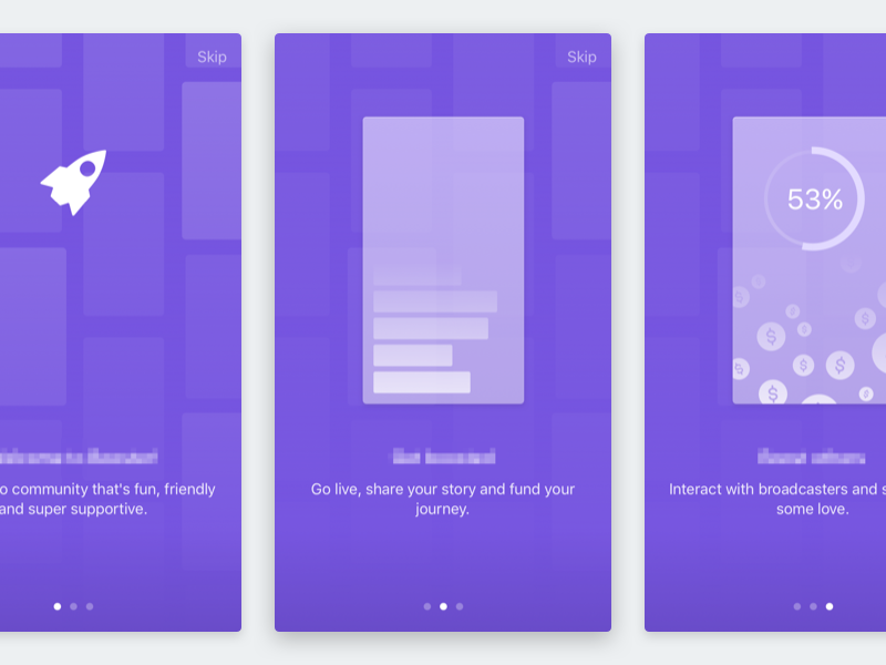 Onboarding rocket onboarding funding live livestream iphone ios crowdfunding broadcast app ui