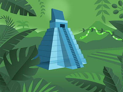 Tikal jungle scene design illustration jungle pyramid snake tikal