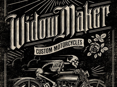 Widow Maker black cross custom drawn hand maker motorcycle poster rock roll rose skeleton typography vintage widow