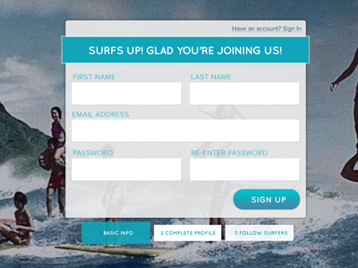 Surfing Site Sign Up Flow, Step 1 sign up surfing trendorama ui
