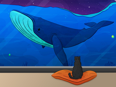 Cat & Wale agua ballena cat art cat illustration dream gato illustration ilustración ilustración digital night noche ocean sueño vector wale water