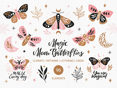 Magic Moon Butterflies Collection boho butterflies pattern butterfly celestial hand drawn illustration insect lettering magic clipart moon moon moth moon phases mystical mystical moth seamless pattern vector