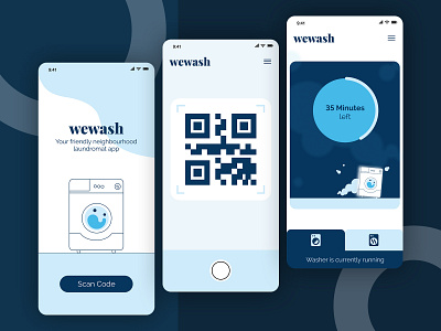 wewash | App Design app bubbles character design illustration laundromat laundry qr code ui ux water