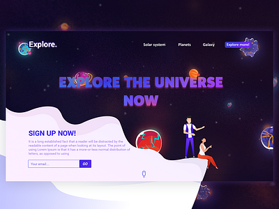 Explore - Space encyclopedia landing page design | DailyUI#4 branding design flat illustration landing design landing page planet rocket space space art spaceship typography ui ui ux design uidesign universe ux vector web website concept